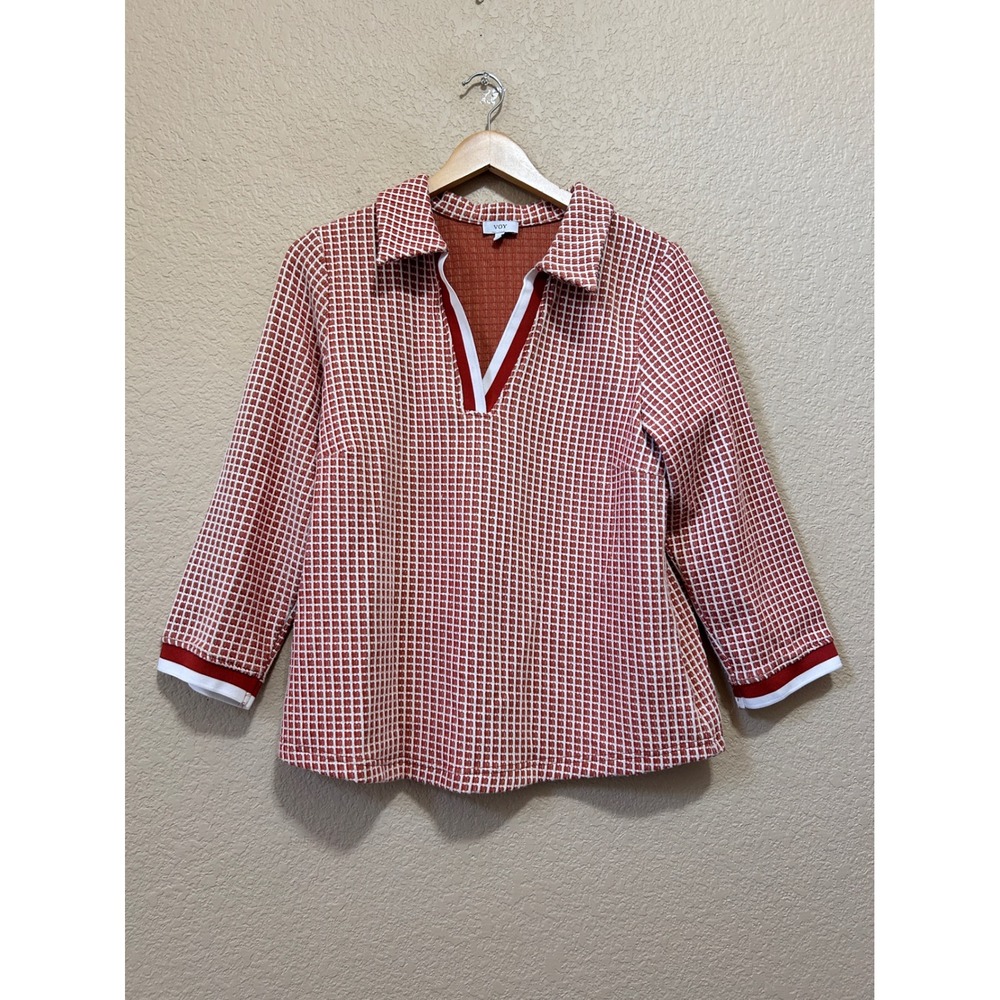 VOY Size M Polo Neck Grid Knit Top Terracotta White Retro Preppy Pullover
